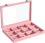 Frebeauty Velvet Jewelry Tray,12 Grid Jewelry Organizer with Clear Lid,Bracelets Holder,Jewelry Display Case with Clasp,Drawe