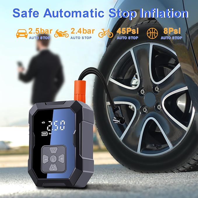 Tire Inflator, 2-in-1 power option Portable Air Compressor, Tire Air pump up to 150 Psi, Auto Shut-Off, Pressure Gauge, Emergency LED light for Car Bike SUV Tires