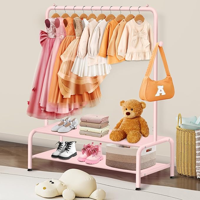 mirolam Kids Clothing Rack - Dress Up Storage - Dress Up Rack for Little Girls - Small Kids Costume Wardrobe with 2 Fabric Sh