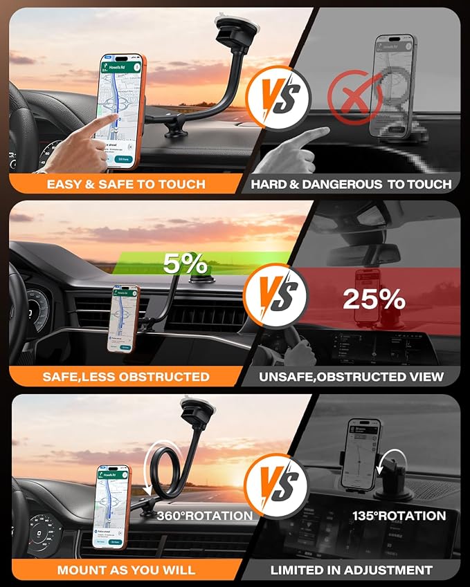 1Zero for Magsafe Car Phone Mount 14-Inch Gooseneck Long Arm Extension, Universal Windshield Dashboard Industrial-Strength Suction Cup Car Phone Holder with Strong Magnets (2026 Upgraded for Magsafe)