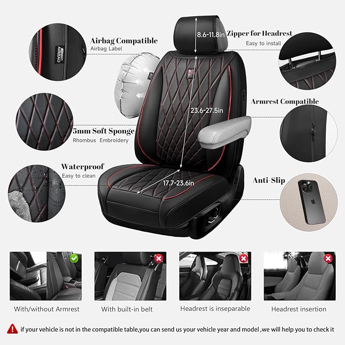CAR PASS Luxury PU Leather Two Front Car Seat Covers, Waterproof Seat Covers Compatible with Front Seat Armrests, Airbag Comp