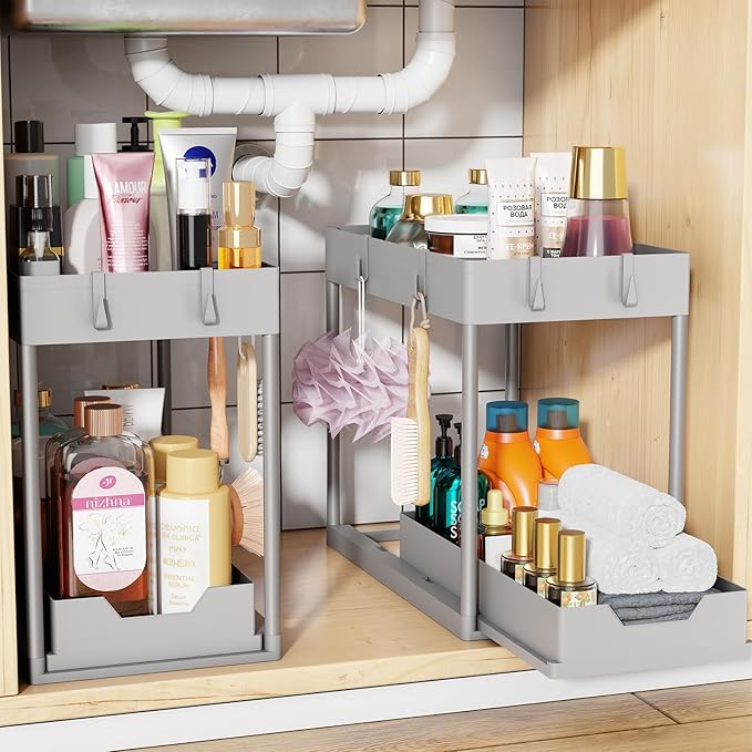 Simple Trending Under Sink Organizer 2 Pack, Sink Pull-Out Sliding Storage Cabinet, 2-Tier Under Shelf Organizer for Kitchen 