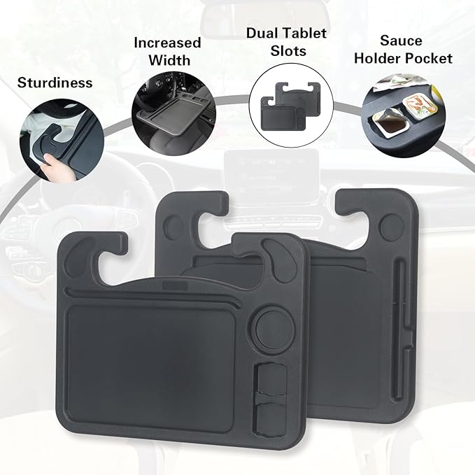4 in 1 Car Steering Wheel Tray with Dual Sauce Dip Holder and Tablet Holder,Car Table Food Trays for Eating,Driver Desk Fit Most Auto Vehicle Steering Wheels (Black, Large)