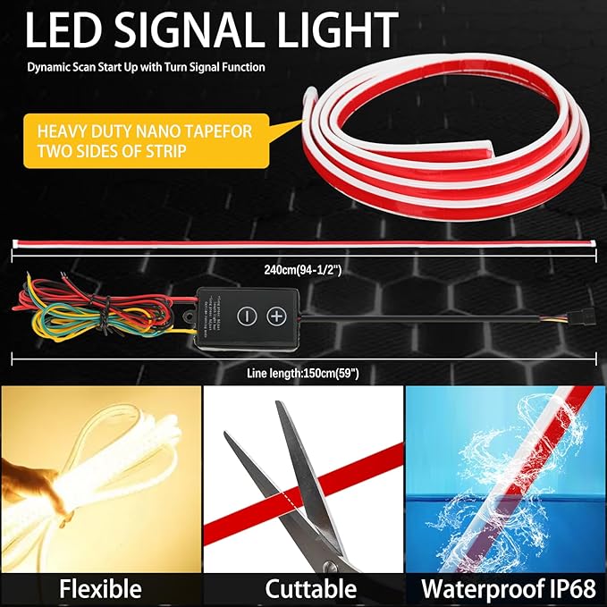 DREAMIZER Car Hood Light Strip 94" Dual Color Dynamic Scan Start Up Car Hood Light Strip Sequential Flowing Daytime Running Lights Turn Signal Lights for Cars,SUV,Trucks