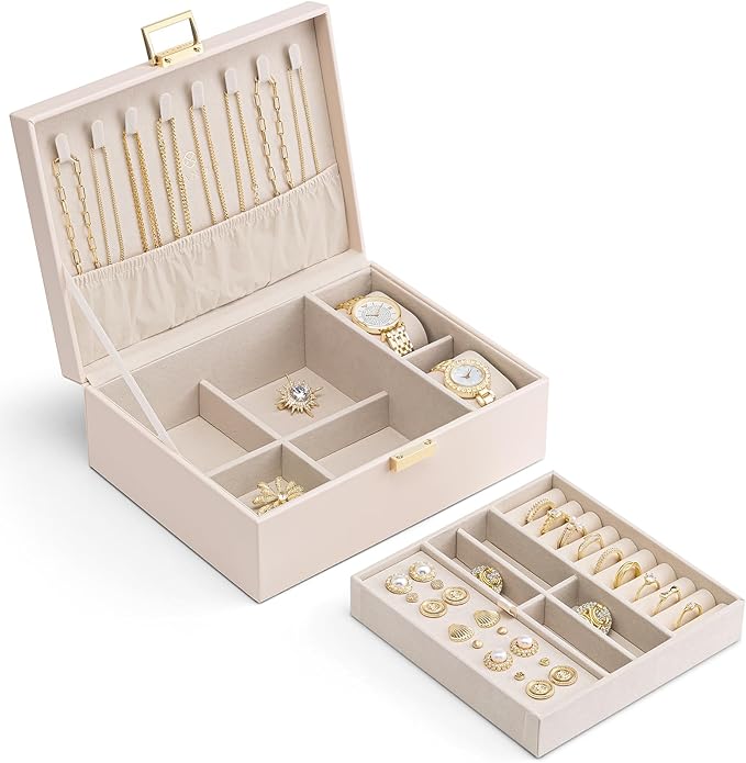 VLANDO 2 Layer Jewelry Boxes Large Jewelry Organizer for Women Removable Jewelery Tray for Watch Necklace Earrings Rings Brac