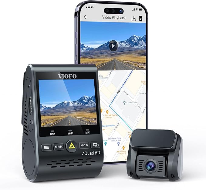 VIOFO Dual Dash Cam, 2K 1440P 60fps+1080P 30fps Front and Rear Dash Camera with Wi-Fi GPS, Parking Mode, Emergency Recording,