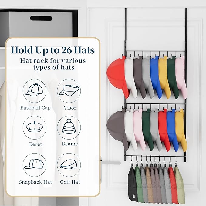 Consumest Over Door Hat Organizer - 3 Tier Wall Mounted Hat Rack with 16 Hooks and 10 Movable Clips, Hanging Baseball Cap Sto