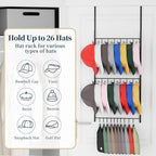 Consumest Over Door Hat Organizer - 3 Tier Wall Mounted Hat Rack with 16 Hooks and 10 Movable Clips, Hanging Baseball Cap Sto