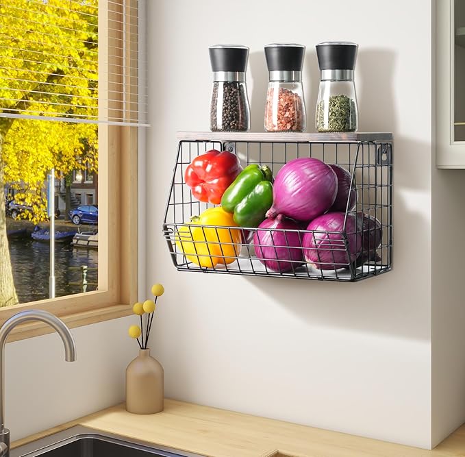 Wawocs Fruit Basket for Kitchen Counter, Fruit Bowl Stackable Wall Mounted Hanging Fruit Basket Wire Basket with Wood Lid wit