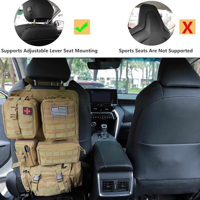 tactical car seat back organizer and storage truck seat covers with a Molle Vehicle Panel and 5 Different Size Molle Pouches for most models such as Jeep,SUV,Pickup(Khaki)