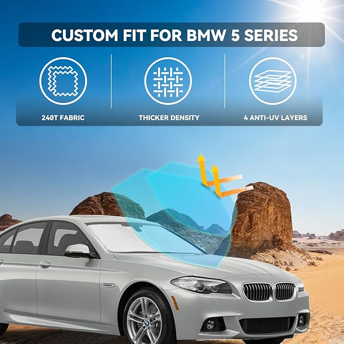 for BMW 5 Series 2011-2016 Windshield Sun Shade - 4 Layers Car Sunshades for Front Windows Shade Cover Custom Fit 5 Series 525i 520i 528i 530i 535d 535i 550i Sun Visor Blocks UV Rays Car Accessories