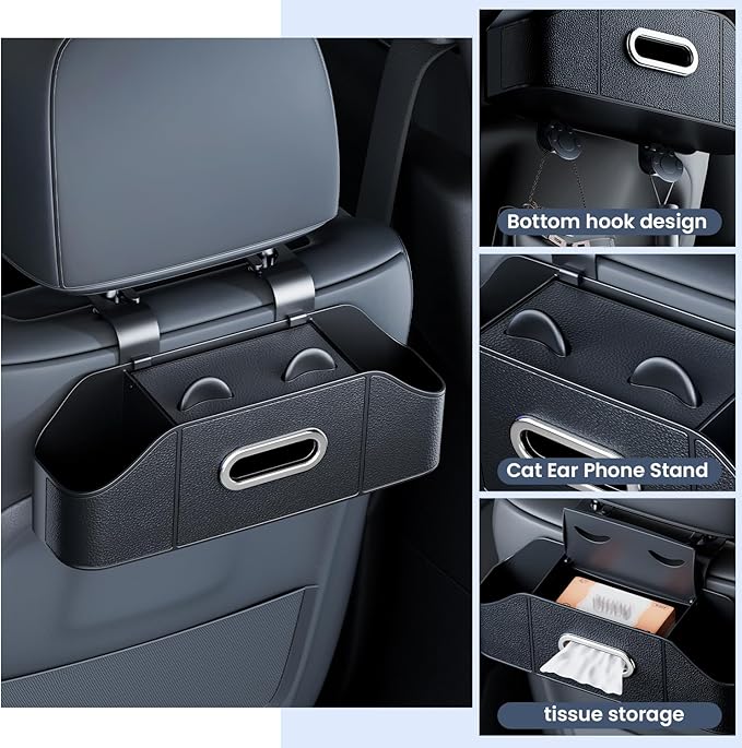 7-in-1 Car Seat Organizer with Cup Holders, Trash Can, Tissue Dispenser & Hooks, Multifunctional Headrest Storage for Backseat, Travel Essentials for Family Car Trips (Black)