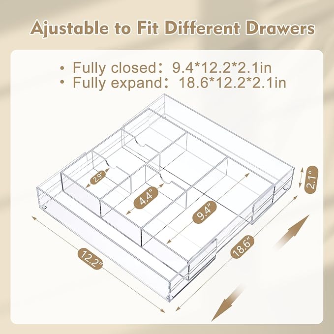2 Pcs Acrylic Desk Drawer Organizer Maximum 12 x 18 x 2.1 Inch Expandable Drawer Organizer Trays with 8 Adjustable Compartmen