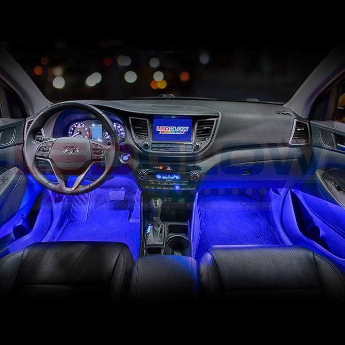 LEDGlow 4pc Blue LED Interior Footwell Underdash Neon Lighting Kit for Cars & Trucks - 7 Unique Patterns - Music Mode - 8 Brightness Levels - Auto Illumination - Includes Cigarette Power Adapter