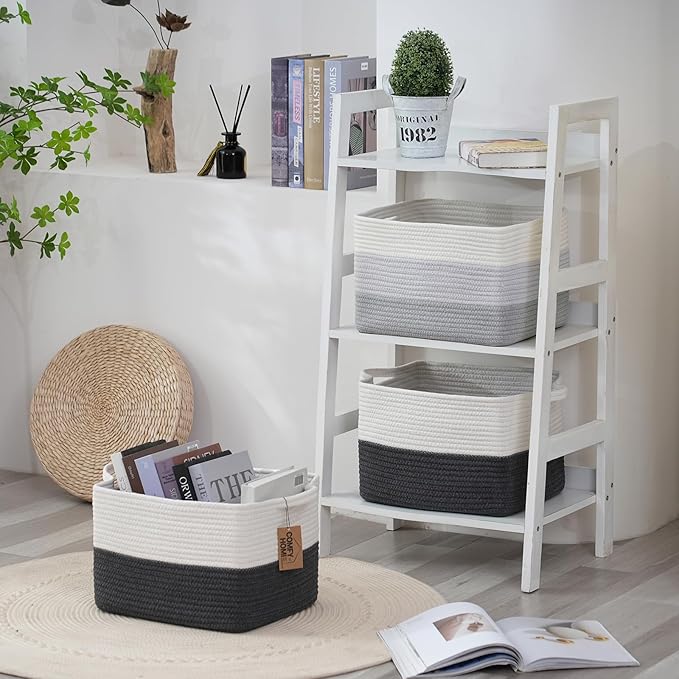 COMFY-HOMI Cotton Rope Woven Basket with Handles for Shelves,Toys,Book, Cloth Storage Baskets Bin for Organizing-13.5"x11"x9.