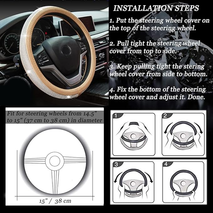 New Diamond Leather Steering Wheel Cover with Bling Bling Crystal Rhinestones, Universal Fit 15 Inch Car Wheel Protector for 