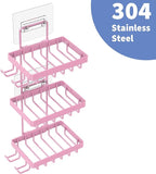 Moforoco 3 Tier Pink Soap Dish Holder for Shower Wall, No Drilling, 304 Stainless Steel, Soap Bar with 4 Hooks and Razor Hold