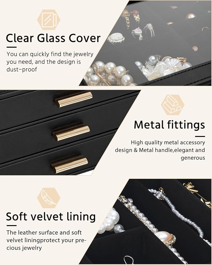 AKOZLIN Jewelry Box with Clear Lid Functional Leather Jewelry Storage Organizer Case 3 Drawers for Women Girls Necklace Ring 