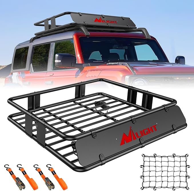 Nilight 43" x 39" x 6" Universal Roof Rack Cargo Basket Heavy-Duty 250LBS Capacity Rooftop Cargo Carrier with Cargo Net Ratchet Straps Luggage Holder for SUV Truck Vehicle