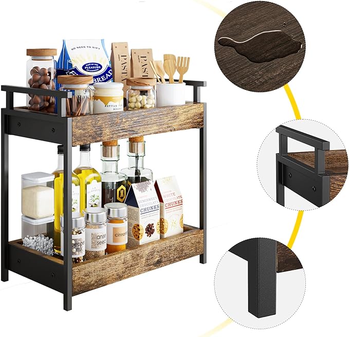 KLM Countertop Coffee Station Organizer, 2 Tier Wooden Shelf for Coffee Bar Accessories, Condiment Storage Caddy for Kitchen,