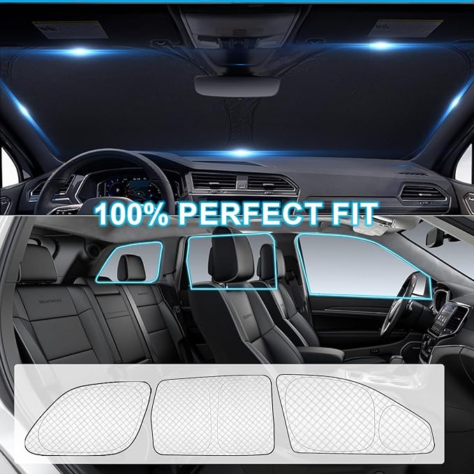 KMF 8pcs Full Thicken Sun Shades for Jeep Grand Cherokee 2011-2021 Accessories(NOT for Cherokee L&Cherokee), Privacy Car Window Covers for Windshield Side Rear, UV Block and Blackout Camping