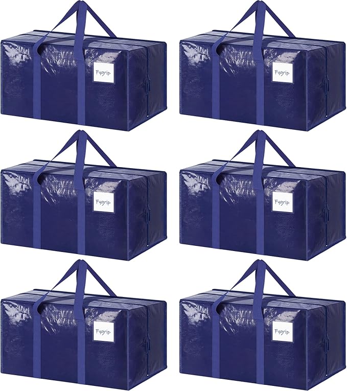 6 Pack Extra Heavy Duty Large Moving Bags with Strong Zipper & Comfortable Handles, Sturdy & Durable Clothes Storage Bags Tot
