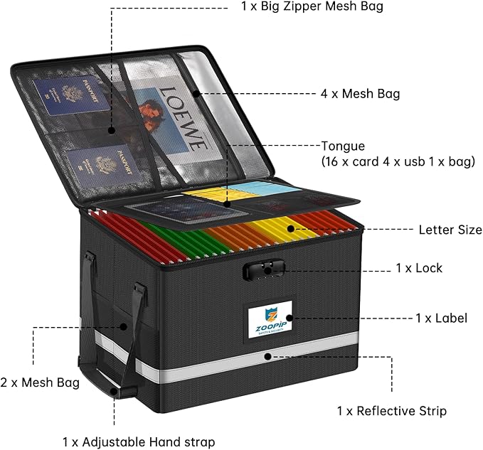 Fireproof File Box with Lock, 5200°F Document Box Storage Organizer, Suitable for Hanging File Folders in Letter Size, Collap
