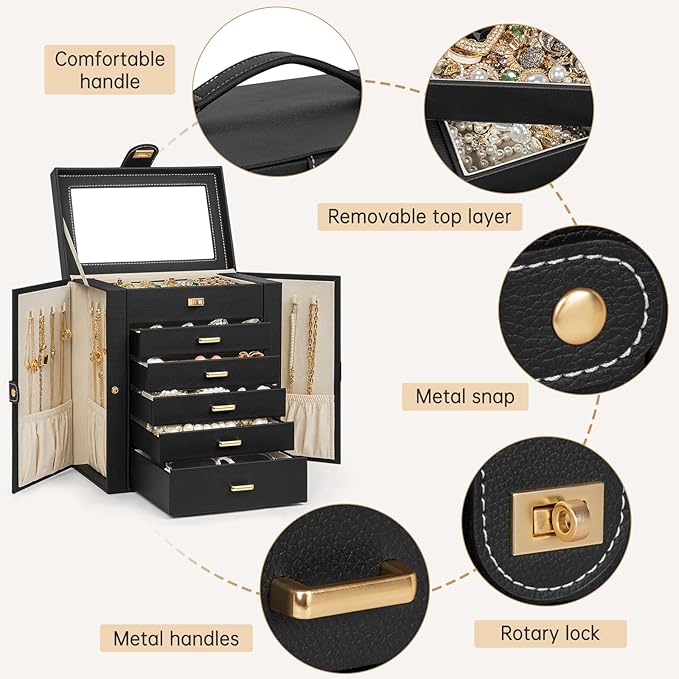 AKOZLIN 6-Tier Jewelry Box Organizer Functional 5 Drawers Leather Jewelry Storage Case for Women Girls Ring Necklace Earring 