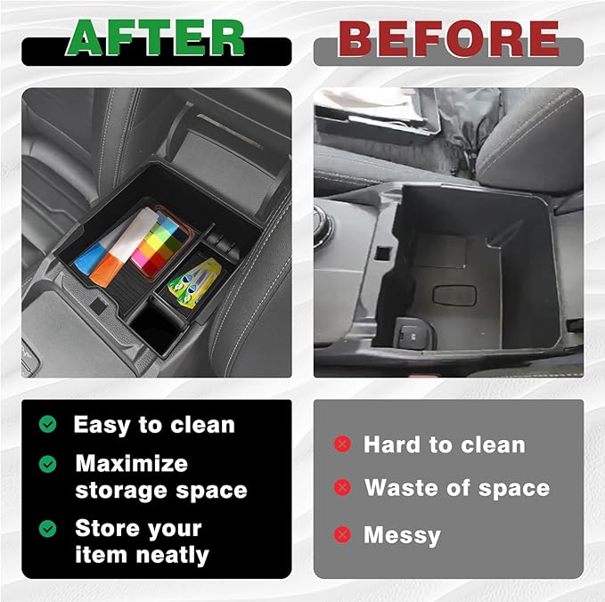 Muslogy Center Console Organizer Compatible with Ford Ranger XL XLT Lariat 2024 2025 2026 & Raptor Accessories Middle Console Storage Box Insert Tray ABS Material Divider with Insert Mats (Black)