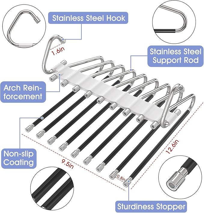 Upgrade 9 Layers Pants Hangers Space Saving, 4 Pack Multifunctional Pants Rack Non Slip Stainless Steel Clothes Space Saver H