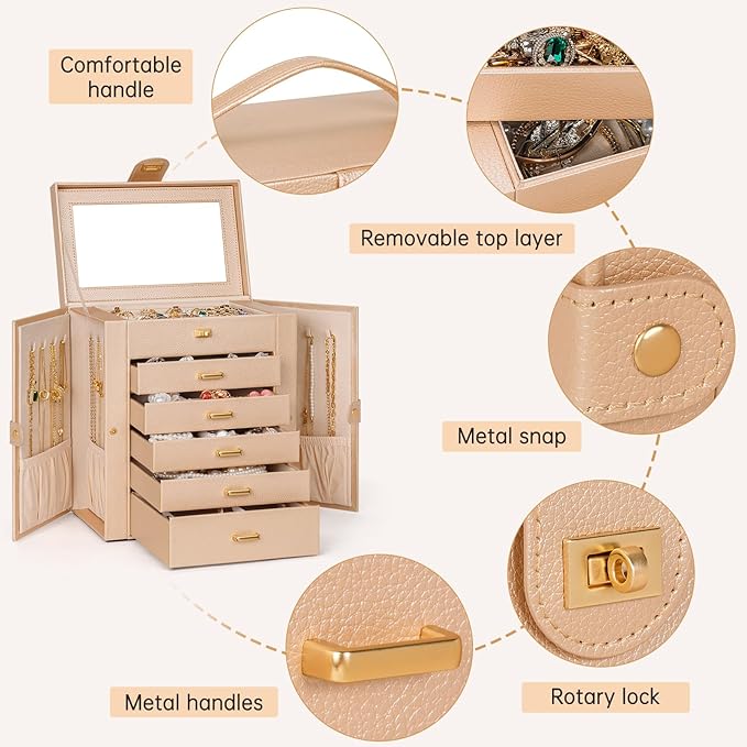 AKOZLIN 6-Tier Jewelry Box Organizer Functional 5 Drawers Leather Jewelry Storage Case for Women Girls Ring Necklace Earring 