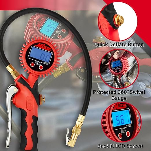 Heavy-Duty Digital Tire Pressure Gauge with Inflator, Clip-on Air Chuck, 20” Air Hose, Easy to Read 0.1 Display, Pistol Grip Handle, Max 255 PSI, 1/4" NPT, Assembled in USA