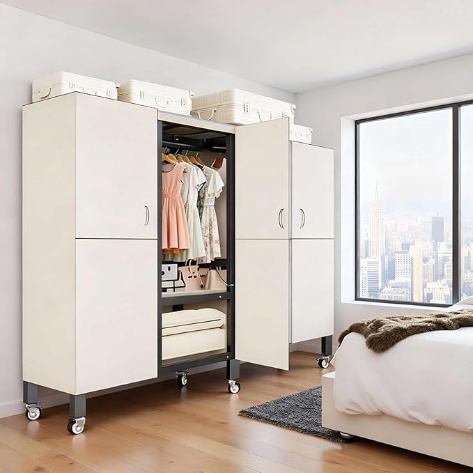 Foldable Portable Wardrobe On Wheels, Freestanding Garment Rack, with Magnetic Door 2000lbs, Heavy Duty Clothes Rack, for Bed