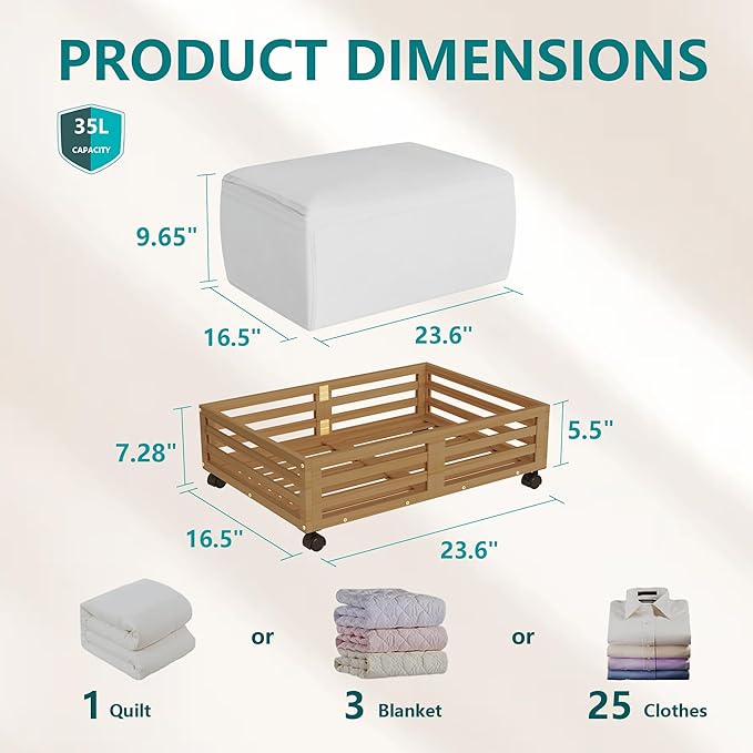 Bamboo Under Bed Storage Containers- Underbed Organizer with Wheels with Large Capacity Dust Bag,Sturdy Wood Rolling Under Be