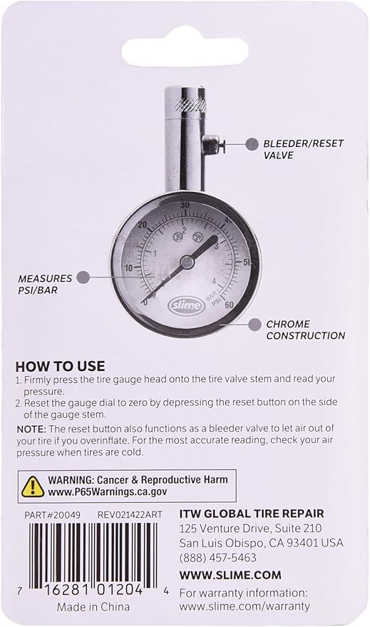 Slime 20049 Tire Pressure Gauge, Large Face Dial Analogue Gauge, 5-60 PSI
