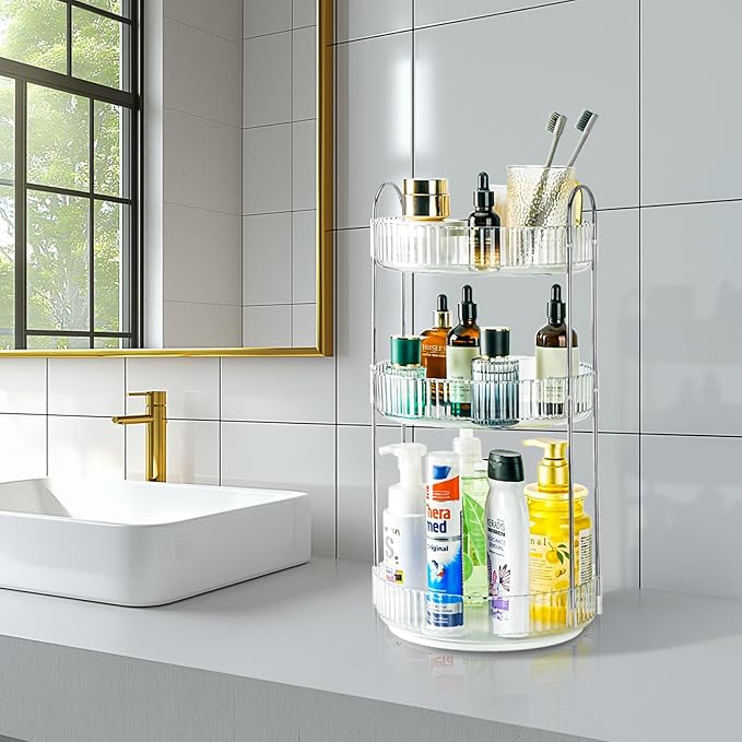 360 Rotating Makeup Organizer, 3 Tier Large Capacity Lazy Susan Bathroom Counter Organizer, Skincare Organizers, Spinning Per
