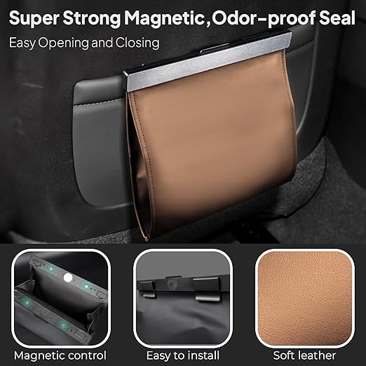 COZILO Leather Car Trash Can with Smart LED Light & Magnetic Closure,Leak-Proof, Odor-Lock Car Trash Bin for Any Cars, Sedans, SUVs, Trucks, Brown