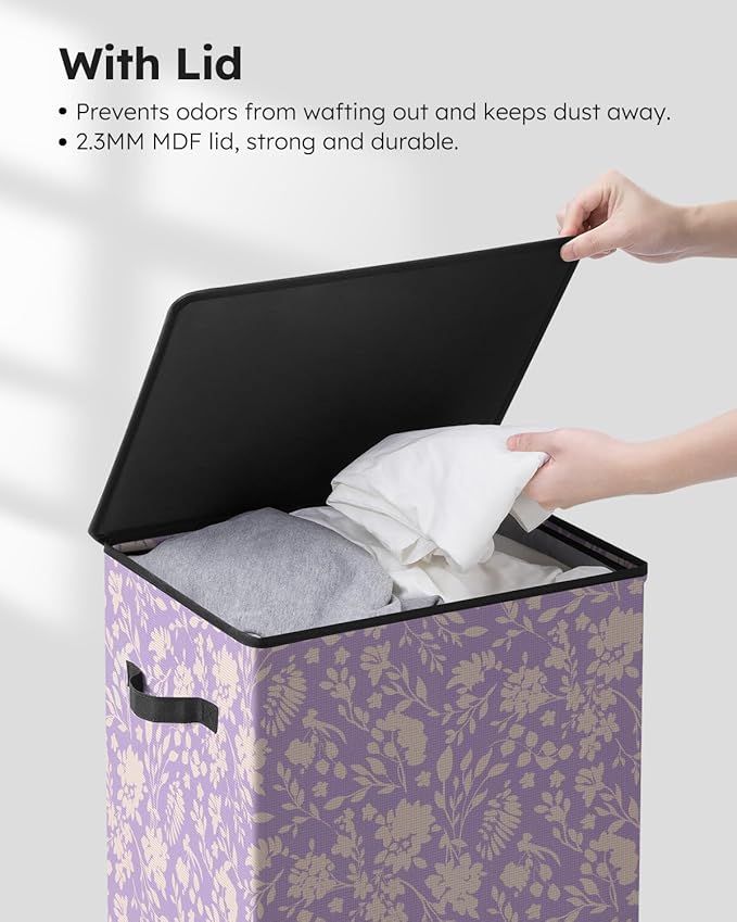 SOLEDI Laundry Hamper with Lid, 90L Tall & Large Floral Laundry Basket, Collapsible Clothes Hamper with Removable Bag, Dirty 