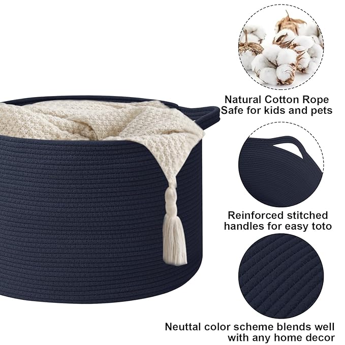 65L Extra Large Woven Cotton Rope Blanket Basket with Handles, Laundry Hamper Storage Bin for Pillows, Comforters,Clothes, To