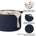 115L Extra Large Navy Blue Woven Cotton Rope Basket with Handles, Kids Nursery Laundry Hamper for Toys, Blankets, Pillows & C
