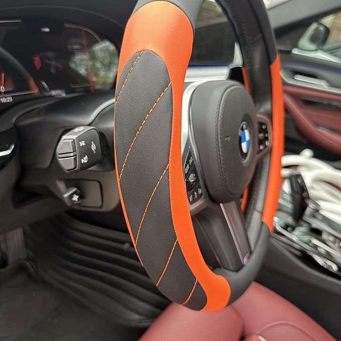 Moyishi Top Leather Steering Wheel Cover Universal Fit Soft Breathable Steering Wheel Wrap (Orange1)