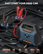 2500A Car Jump Starter with Air Compressor - 120PSI Tire Inflator, 40W Fast Charging, 48.84Wh Portable Power Bank, Voltage