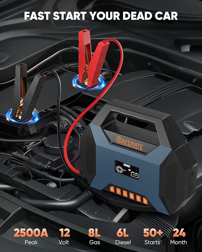 2500A Car Jump Starter with Air Compressor - 120PSI Tire Inflator, 40W Fast Charging, 48.84Wh Portable Power Bank, Voltage