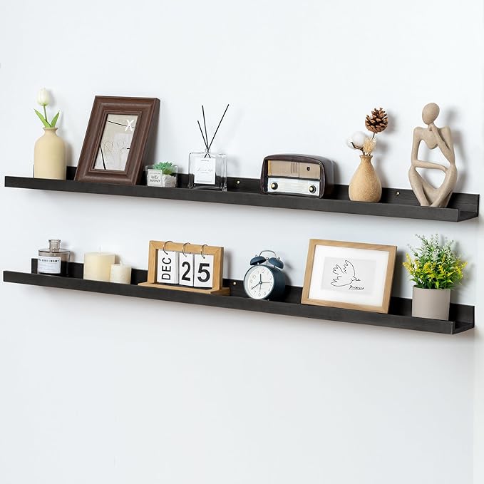 Picture Ledge Shelf for Wall, 48 inch Solid Pine Wood Nursery Book Shelves 2 Packs, Floating Ledge Shelves for Kids' Room Bed