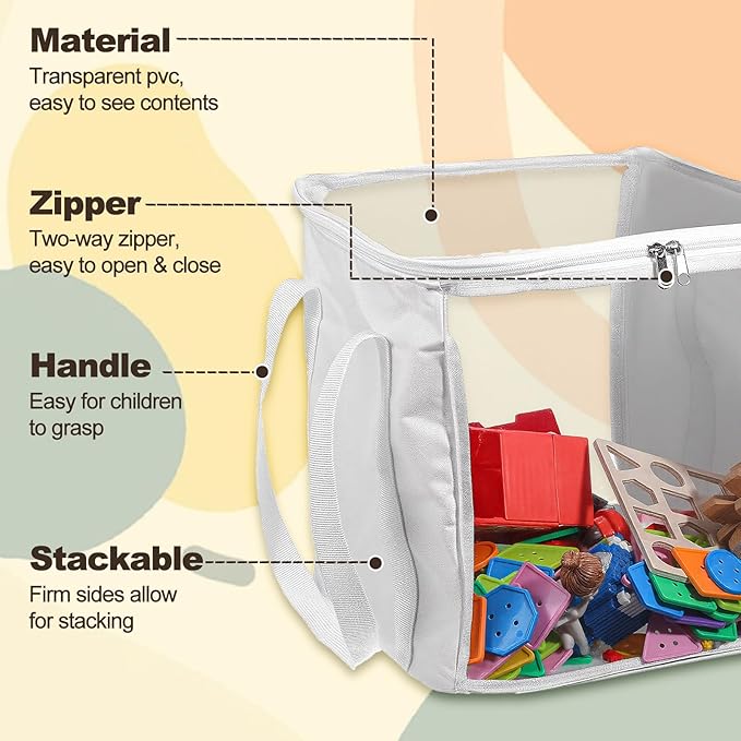 3 Pack Large Storage Bins, Foldable PVC Organizer Box with Transparent Lid & Handles, Multi-Purpose Toy Clothes Books Home De