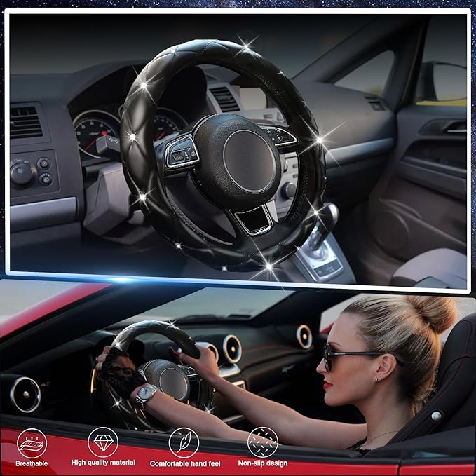 SuperKaKa Black Steering Wheel Cover 2026, Auto Cute Girly Diamond Bling Comfort Leather Car Interior Accessories Protector S