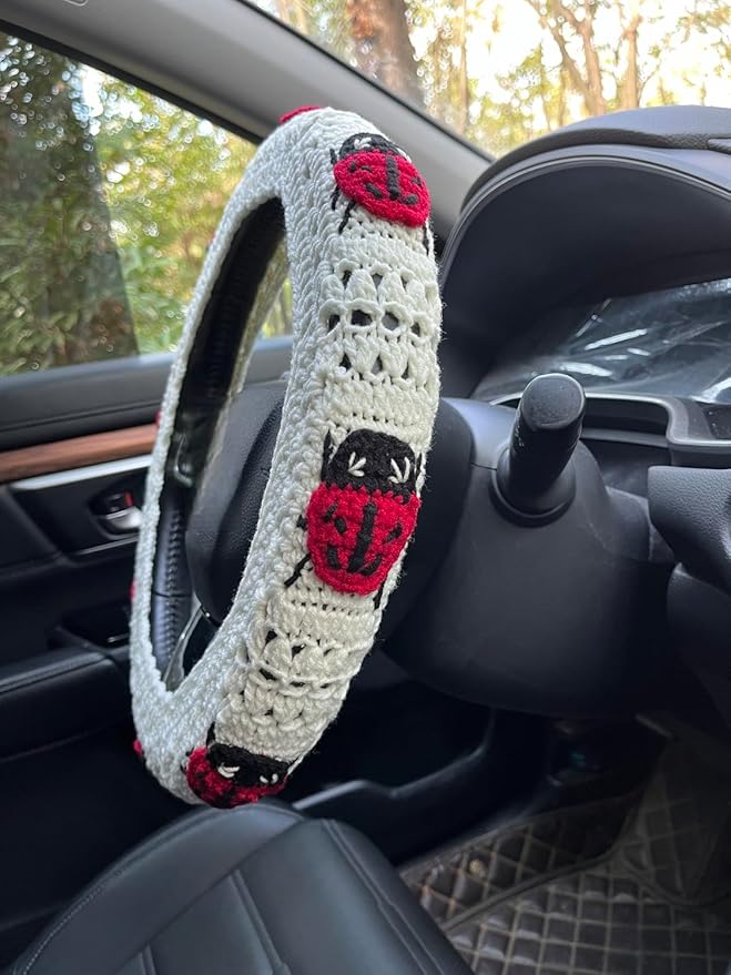 Crochet Ladybug Steering Wheel Cover Universal 14-15 inch (A,Steering Wheel Cover)