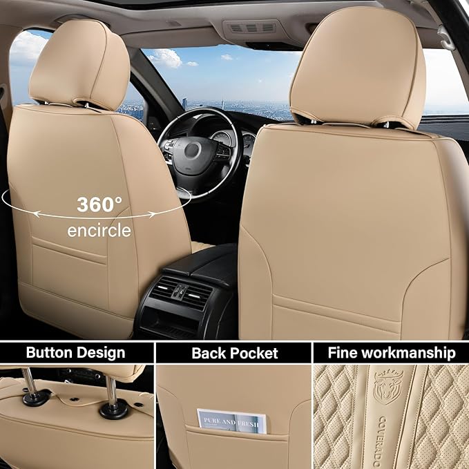 Coverado Front Seat Covers, Car Seat Covers Front Seats, Nappa Leather Seat Covers for Cars, Waterproof Seat Covers with Lumb