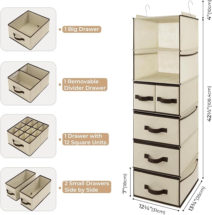 GRANNY SAYS Hanging Closet Organizers and Storage 6 Shelves, Closet Hanging Organizer with 5 Drawers, 6 Side Pockets Hanging 
