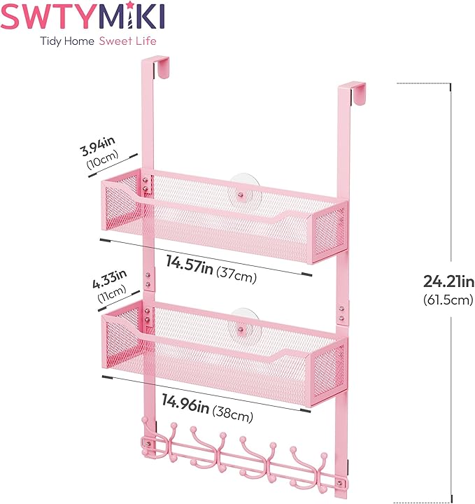 SWTYMIKI Over The Door Hooks Organizer - Multi-Functional Door Hanger with 16 Hooks & 2 Mesh Baskets, Long Coat Rack for Bath